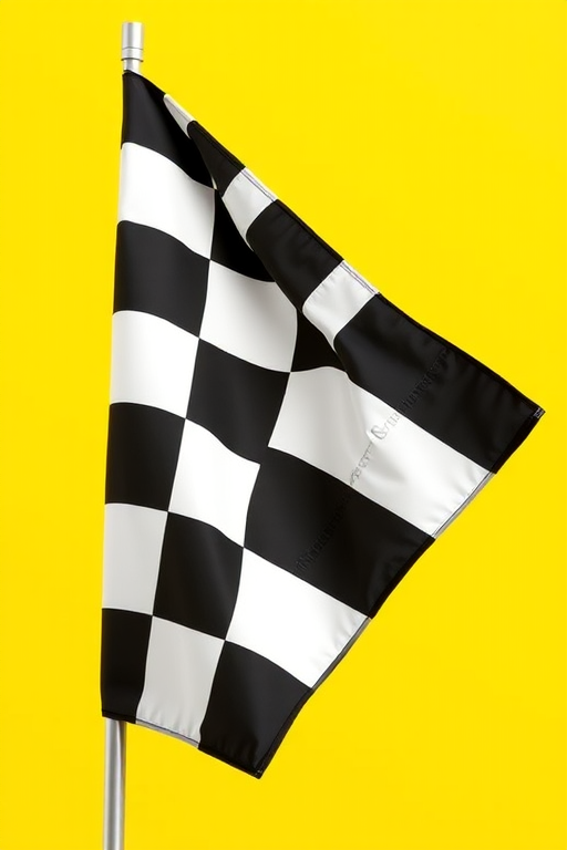 Create a vibrant image of a checkered racing flag against a bright yellow background, shot with a DSLR camera at f/8, ISO 100, 1/250s, using a wide-angle lens from a slightly elevated angle to enhance depth and clarity.