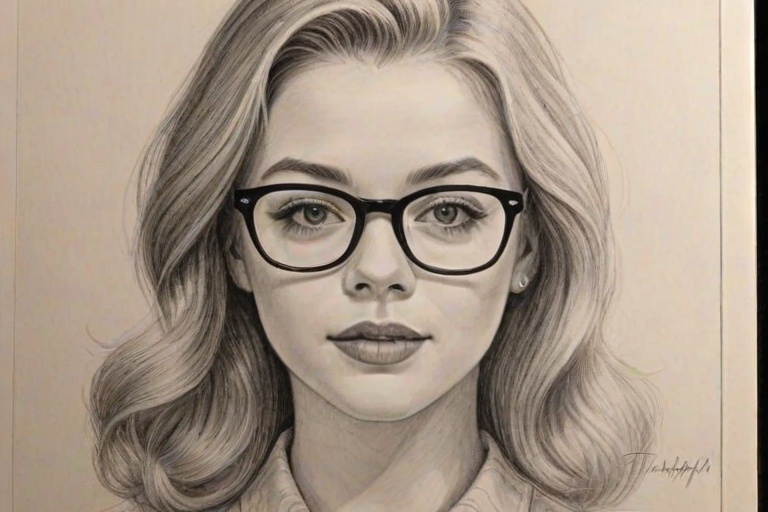 Appealing Jade Pettyjohn, pencil sketch, portrait of Lovely woman 1955s in glasses, hair style beatnik, outline, clear lines, fine lines, 8k
