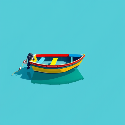 Create a vibrant illustration of a colorful boat floating on a turquoise background using digital art techniques, with emphasis on sharp lines and contrasting colors, captured with a 50mm lens, f/1.8 aperture for depth of field, and a high-resolution digital camera setting.