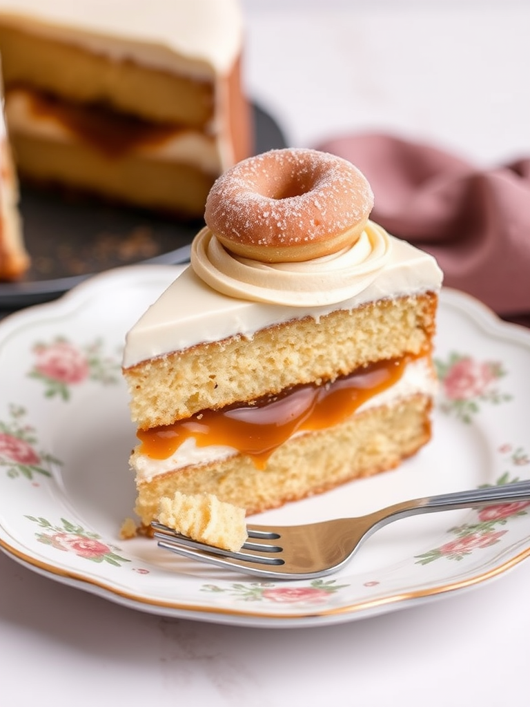 Create an image of a slice of layered cake with a caramel filling between the layers topped with swirls of frosting and a small donut on top along with a dusting of sugar on the donut placed on a decorative plate with a fork beside it against a light background.