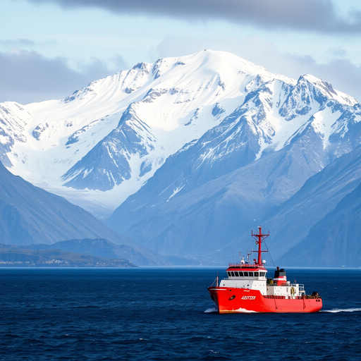 high-resolution image of a majestic snowy mountain range with a blue ocean foreground and a red ship, shot with a DSLR camera, focal length 35mm, aperture f/8, ISO 100, natural lighting, wide-angle view