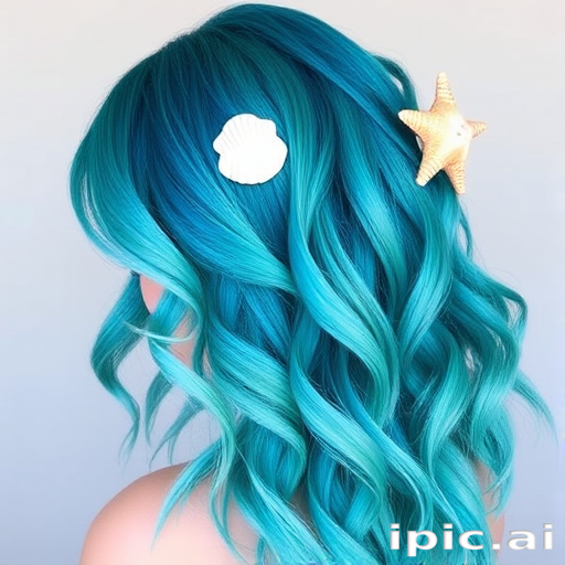 Vibrant teal and turquoise ombre hair styled in loose, beachy waves with seashell and starfish accessories, capturing the essence of a "Mermaid's Treasure" style