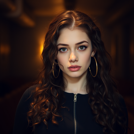 A young woman with long, curly brown hair is looking directly at the viewer. She is wearing a black top with a zipper down the front. The setting is a dimly lit interior space, with a warm, golden light emanating from the background. Her expression is neutral, with a hint of seriousness. The image is a close-up portrait with a shallow depth of field, focusing on the woman's face and torso. The background is blurred, creating a soft and intimate atmosphere.  She is wearing large gold hoop earrings, and a small gold chain is visible around her neck.  Her makeup is natural and simple, highlighting her brown eyes. The lighting creates subtle shadows that accentuate her features.  Her skin is smooth and glows in the soft light. The composition is balanced, with the woman's face positioned in the center of the frame.  The image is focused on capturing her beauty and confidence.