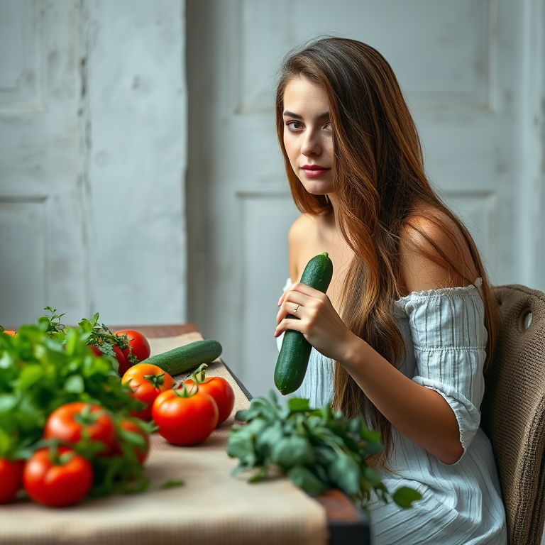 Regenerate an image of a woman with long hair sitting beside a rustic table covered in burlap, holding a cucumber, surrounded by fresh vegetables like tomatoes and green herbs, using a DSLR camera with a 50mm lens, aperture set at f/1.8, ISO 100, soft studio lighting, and a shallow depth of field to create a dramatic focus effect.