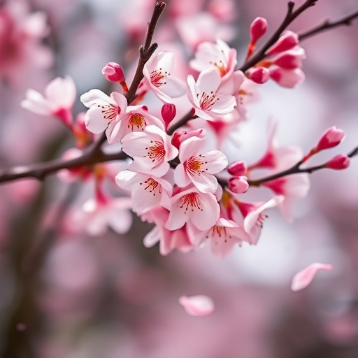 close-up shot of cherry blossom branches with pink flowers and falling petals in a soft-focus background, f/2.8 aperture, ISO 100, 50mm lens, natural light, macro photography