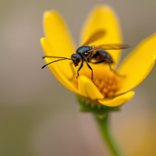 macro shot of a black insect on a bright yellow flower, shallow depth of field, soft bokeh background, using a Canon EOS 5D Mark IV with a 100mm f2.8 macro lens, aperture f2.8, ISO 100, shutter speed 1/200s, natural lighting