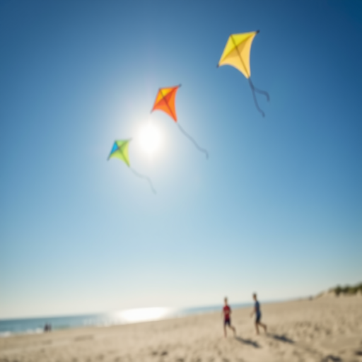 Soft-focus image of a row of colorful kites flying high in a clear blue sky, with a sunlit beach softly blurred in the distance, children playing in the sand.