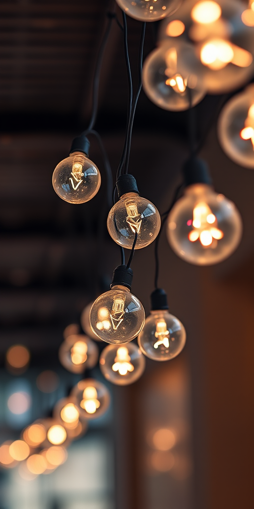 Create a high-resolution image of a decorative string of lights with varying sizes of round bulbs hanging in a layered pattern, captured in a close-up view using a DSLR camera at f/2.8 aperture, 50mm lens, ISO 200, with a soft-focus background for an enhanced depth effect.