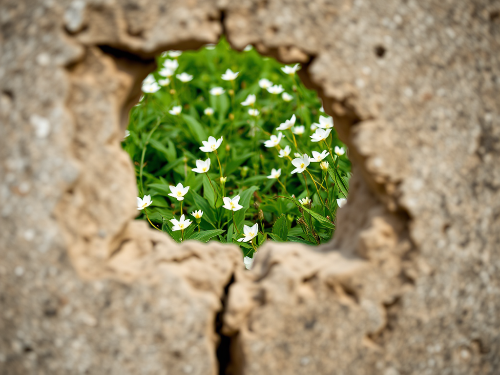 capture a detailed image of a broken wall revealing a vibrant green landscape with blooming white flowers, shallow depth of field, f/2.8 aperture, 50mm lens, natural light, taken with a DSLR camera