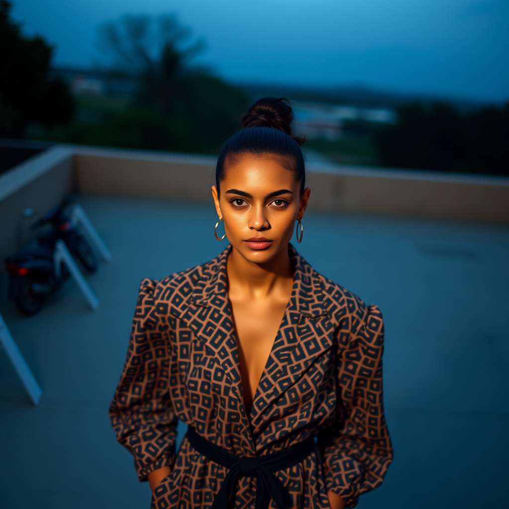 Capture the model from a high angle, emphasizing the outfit’s pattern and silhouette. Use a 35mm prime lens to maintain sharpness and minimize distortion