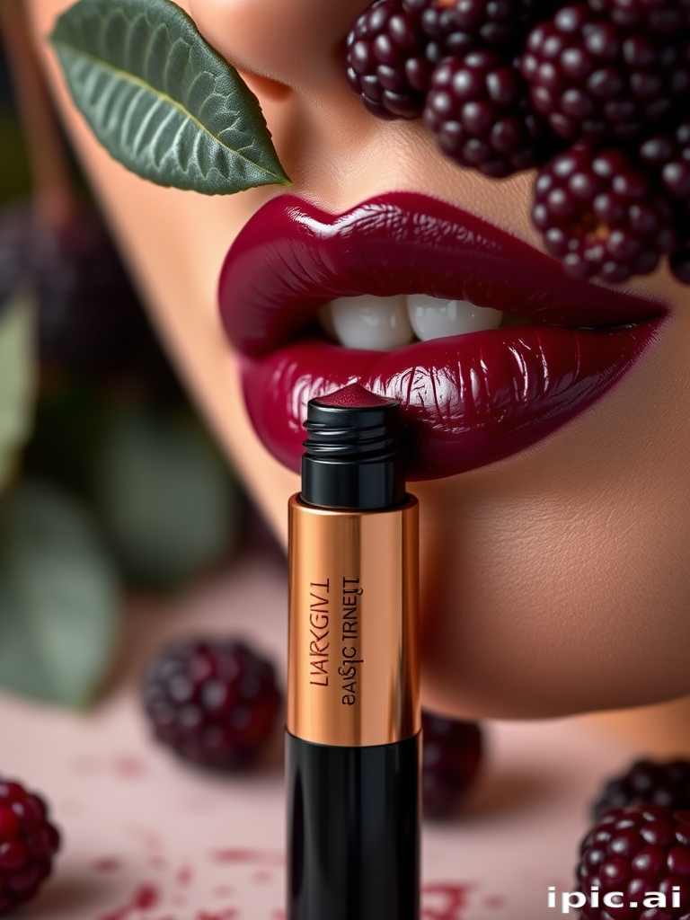 Blackberry wine lip tint "Midnight Cabernet" providing a buildable, hydrating formula with a glossy finish and subtle berry scent for a sophisticated evening look