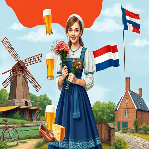 Create an illustrated collage featuring a Dutch woman in traditional dress holding flowers, a windmill, a glass of beer, a wheel of cheese, wooden clogs, the Dutch flag, and an old building, using a Canon EOS R5 with a 50mm f/1.8 lens, aperture set to f/8, ISO 100, shot in vibrant colors and high detail.