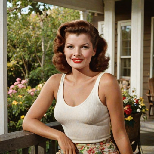 A photo of Rita Hayworth with a background of a cozy porch. She has dark hair pulled back in an updo, with tendrils framing her face. She wears a white tank top and sits on the porch. The porch is part of a well-lit home with a warm, earthy tone and colorful flowers and foliage. The overall scene has a warm, welcoming, and comfortable ambiance.