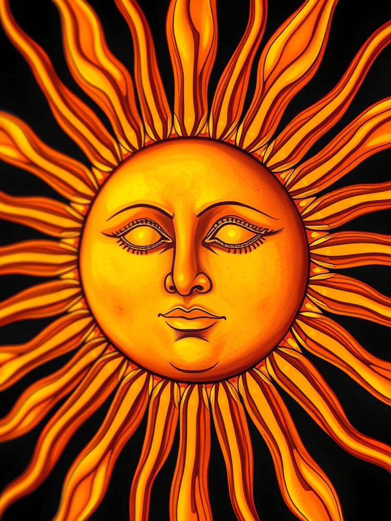 Create a highly detailed and vibrant illustration of a sun with a face, featuring elongated rays and a warm golden color palette, captured with a Canon EOS R5 camera at f/8, ISO 100, 1/200s, in a close-up view, using a macro lens for enhanced clarity and depth of field.