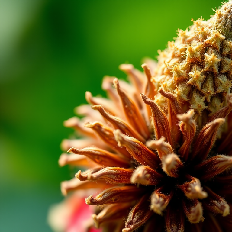 Close-up of a dried flower stem with intricate details and textures, natural light, aperture f/2.8, ISO 200, focal length 100mm, shot with a macro lens, shallow depth of field, blurred green background for contrast.