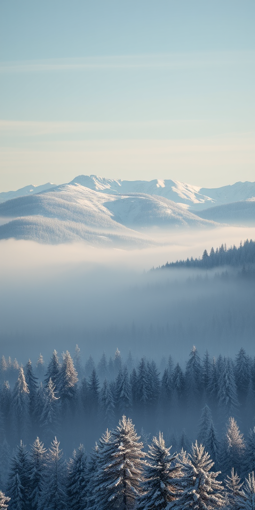 winter landscape with snow-covered hills and misty forests in the foreground, soft natural lighting, taken with a Canon EOS R5, 35mm lens, aperture f/8, ISO 100, landscape orientation, high dynamic range, focus on the distant mountains and trees