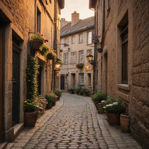 Soft-focus image of a narrow alleyway in a historic European town at sunset, with soft golden light reflecting off cobblestones and flower boxes hanging from windowsills.