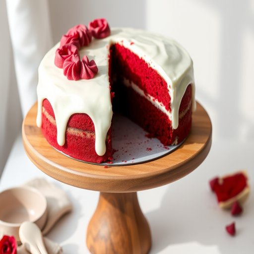 A beautifully decorated red velvet cake with white cream cheese frosting on a wooden cake stand, partially sliced to reveal the rich red interior, set against a light and airy background with soft natural lighting.