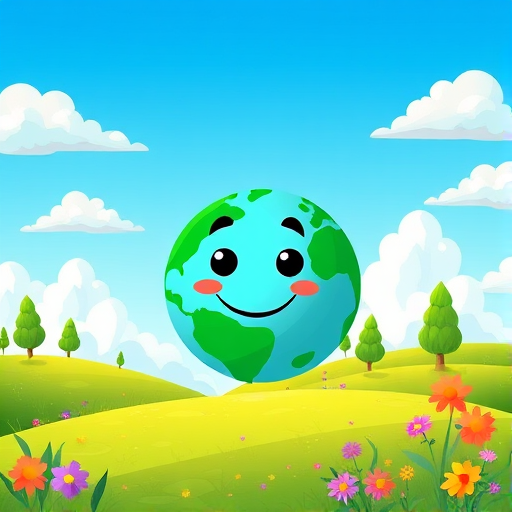 create a cartoon landscape with a smiling Earth character, surrounded by green hills, trees, white clouds, and colorful flowers under a bright blue sky