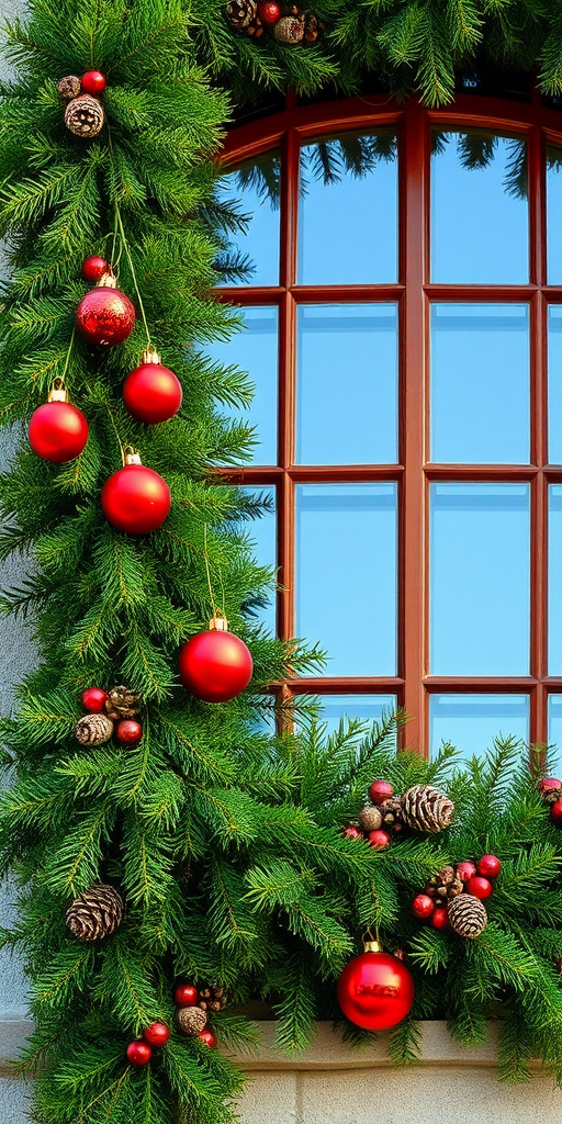 Create a festive image of a charming window adorned with a lush garland of evergreen branches. The garland should be decorated with shiny red ornaments and pine cones. The window frames should be made of rich brown wood, and the background should feature a clear blue sky.