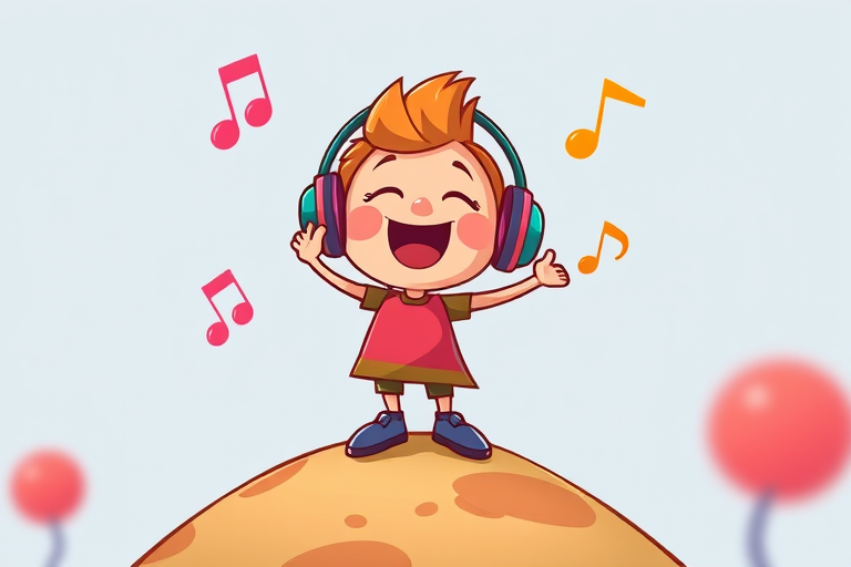 Create a colorful, playful illustration of a cheerful cartoon character with headphones, singing joyfully, standing on a small hill with musical notes around, using a DSLR camera with a 50mm lens, f/1.8 aperture, ISO 200, natural lighting, and a shallow depth of field to enhance details.