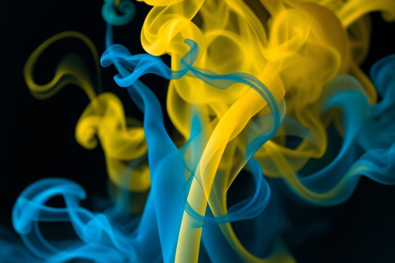 Generate a vibrant abstract image of swirling blue and yellow smoke, captured with a Canon EOS R5 at f/2.8, ISO 100, 1/250 sec, using a macro lens for detailed texture, in a soft light studio setup with a dark background to enhance contrast and depth.