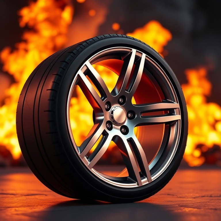 Create a highly detailed 3D rendering of a stylish aluminum alloy wheel with a polished surface, set against a dramatic fiery background, using a DSLR camera with a 50mm lens, aperture f/1.8, ISO 100, and a low angle shot for depth perspective.