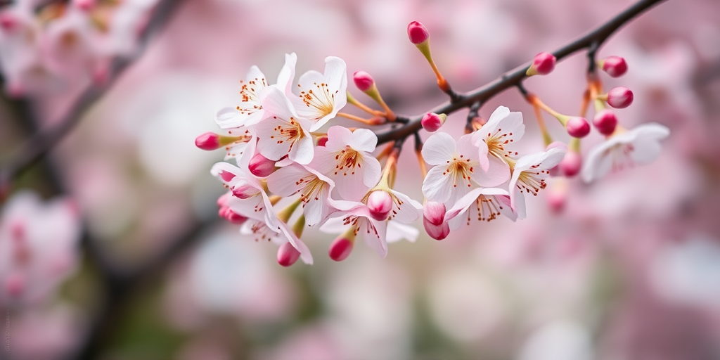 Cherry blossom branch in full bloom, shallow depth of field, soft bokeh background, shot with a Canon EOS R5, 85mm f/1.2 lens, ISO 100, aperture f/2.8, 1/200 sec shutter speed.