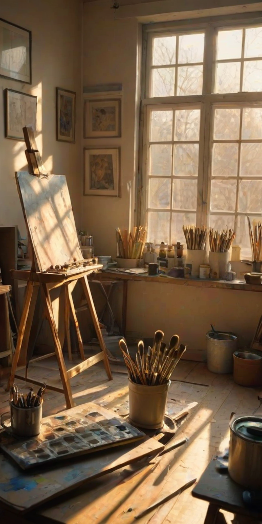 Warmly lit photo of an artist’s studio, with soft golden light streaming through a window, illuminating paintbrushes, an easel with an unfinished canvas, and tubes of paint scattered on a wooden table.