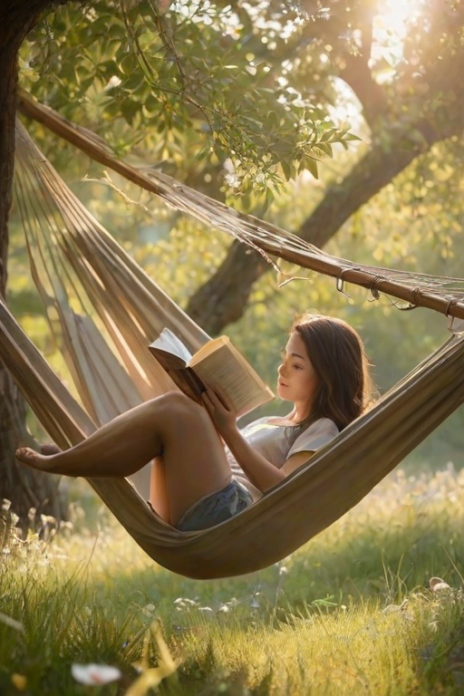 Softly focused image of a person reading a book in a hammock under a tree, soft golden light filtering through the leaves, with distant wildflowers gently swaying in the breeze and a peaceful atmosphere.