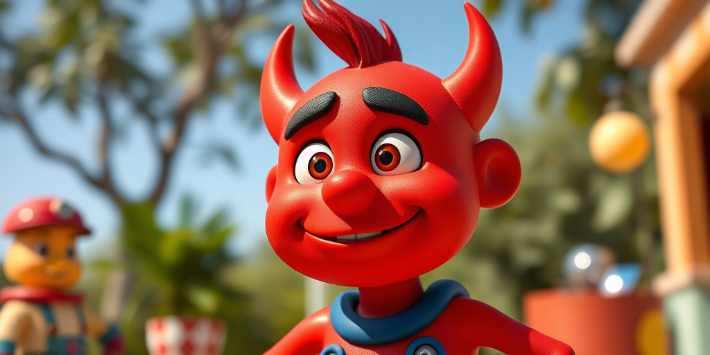 Create a vibrant cartoon-style image of a red character with stylized features, using a DSLR camera with a 50mm lens, f/1.8 aperture, ISO 100, in bright daylight, with a focus on sharp details and a slightly blurred background.