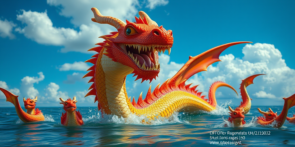 Regenerate a vibrant sea dragon emerging from the water with a colorful, scaly body and expressive eyes, surrounded by smaller dragons, bright blue sky with fluffy clouds, shot with a DSLR camera at f/11, ISO 200, 24mm lens, in vivid colors for enhanced detail and clarity.