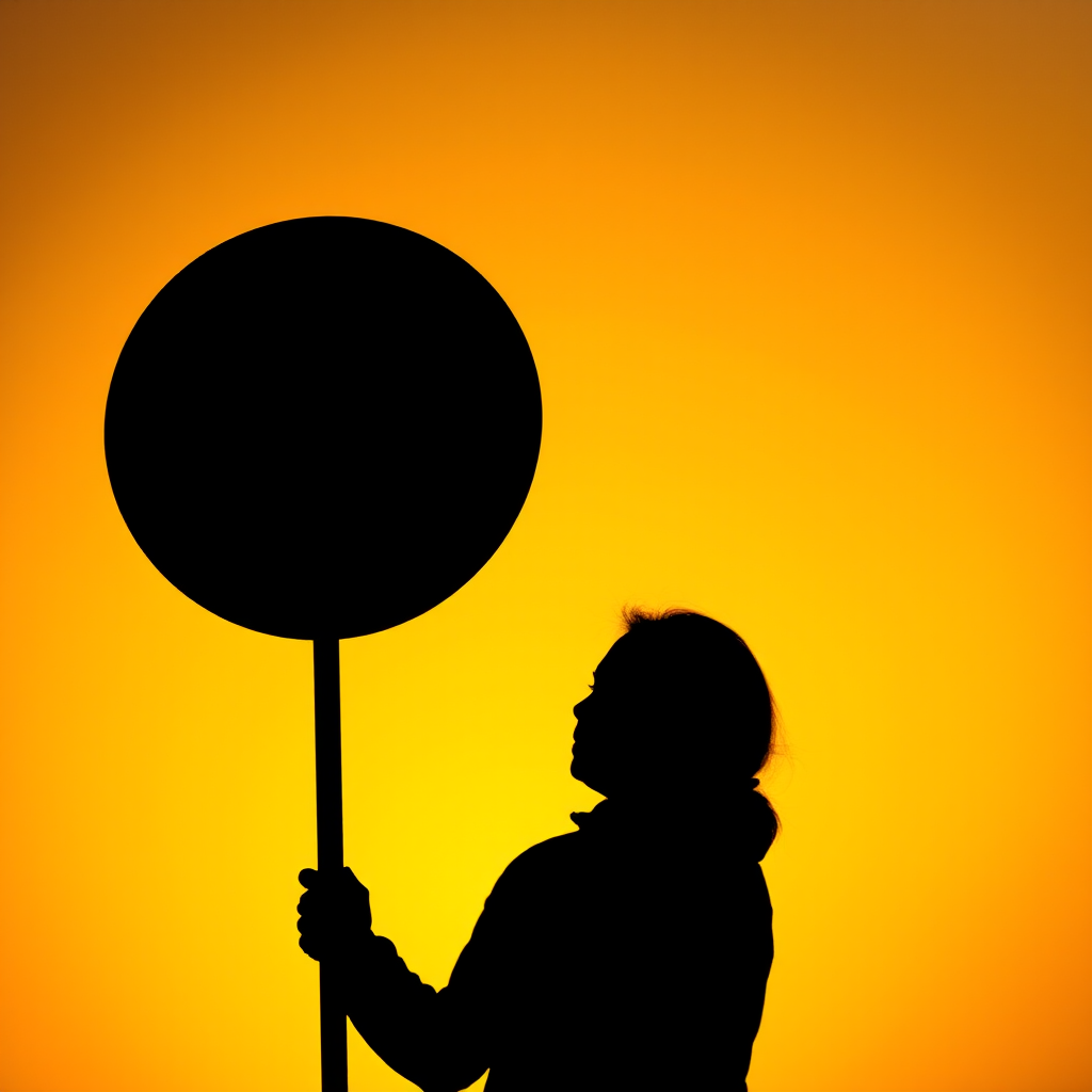 Create an image of a silhouette of a person holding a warning sign in front of a gradient yellow background, using a Canon EOS 5D Mark IV camera, 50mm lens, aperture f/2.8, ISO 100, and a shallow depth of field for enhanced focus on the subject.