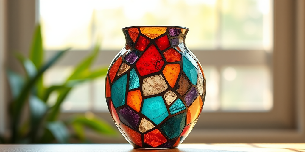 Create a high-resolution illustration of a geometric vase with a mosaic pattern of red, teal, orange, and purple stones, captured in natural lighting, using a Canon EOS R5 with a 50mm f/1.2 lens at ISO 100, aperture f/4, and a shallow depth of field for a soft background blur.