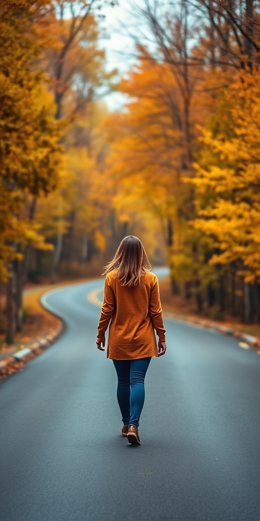 Capture a full-body shot of a woman walking along a winding road surrounded by autumn trees, with vibrant yellow and orange foliage, using a DSLR camera at f/4, 1/200 sec, ISO 200, wide-angle lens, natural lighting, and a depth of field that softens the background.