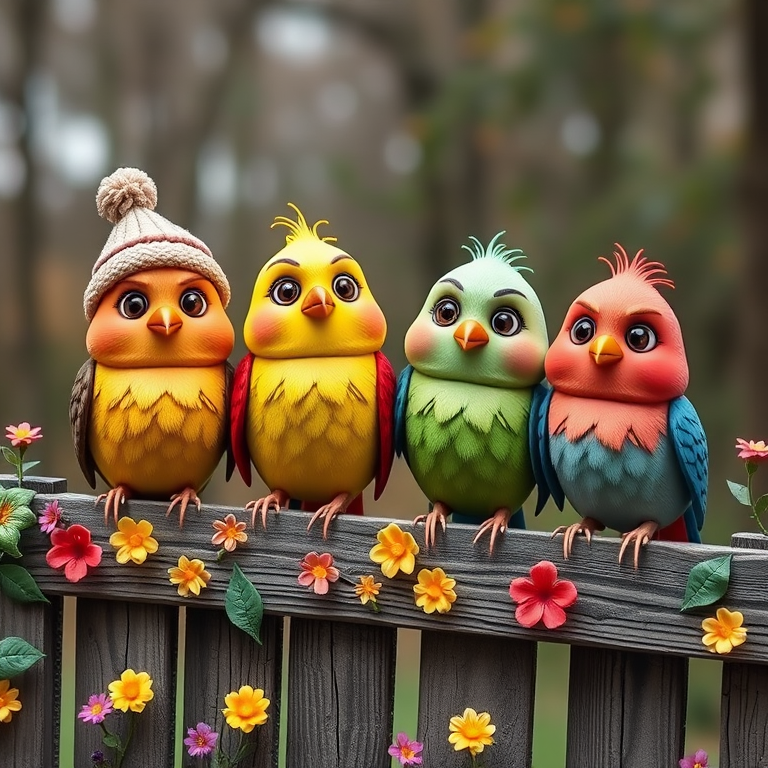 create a scene of 4 quirky  whimsical colourful comical birds each with a funny expression. they are sat on a wooden fence with colourful flowers. they are all different sizes. each one is a different colour  one is wearing a woolly hat. Each one has a different quirky google expression and there is a muted background of trees watercolour paintierly style high definition 8k resolution 3D paper mache