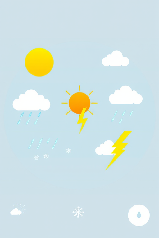 create a weather icon illustration featuring a bright sun, partially cloudy skies, rain with clouds, snowflakes, and lightning with a camera view of 45 degrees, camera type digital, camera style vector art, aperture f/8, ISO 100, shutter speed 1/200s