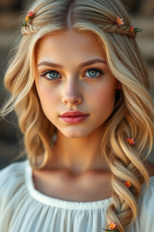 Create an image of a young Micronesian woman with long, wavy blonde hair, adorned with small, colorful flowers woven into her braids and loose strands. Her complexion is fair, with soft, glowing skin, and she has light blue eyes that gaze softly at the viewer. She wears a light, flowing dress with a gentle, ethereal quality, complementing her delicate and serene appearance. The background is slightly blurred, drawing focus to her tranquil expression and the intricate details of the flowers in her hair. The overall mood of the image is one of natural beauty and grace, evoking a sense of peacefulness and connection with nature.