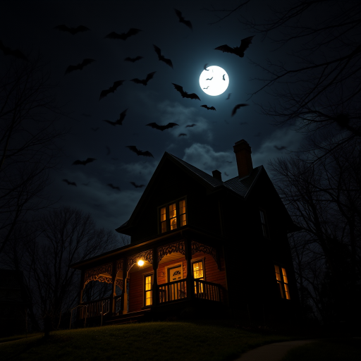 Create a spooky night scene with a haunted house, a full moon illuminating the sky, and flying bats, captured with a DSLR camera at f/8 aperture, ISO 400, 50mm lens, with a low-angle view for enhanced drama and contrast.