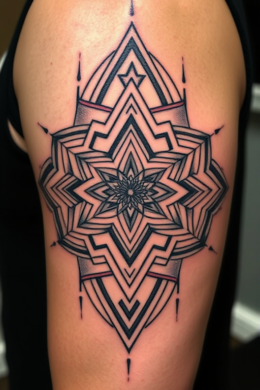 Geometric tattoo named "Sacred Symmetry" featuring interlocking shapes and patterns forming a complex three-dimensional design, incorporating optical illusions and precise linework