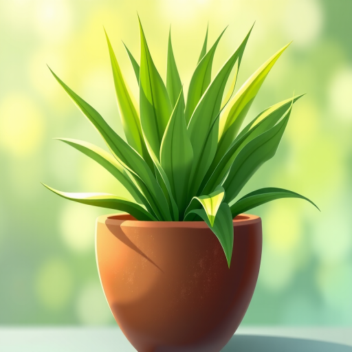 Create a vibrant illustration of a green plant with elongated leaves emerging from a clay pot, using a high-resolution digital art style, with a soft focus background, and simulated natural lighting, camera settings at f/4, ISO 100, shutter speed 1/125 sec.
