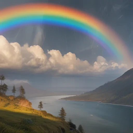 Majestic Rainbow Arching Over a Serene River Landscape and Mountains