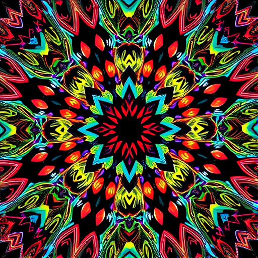 Generate an abstract geometric design featuring intricate patterns and vibrant colors, taken with a Canon EOS R5 at f/8, ISO 100, 24mm lens, using a top-down view perspective in high dynamic range.