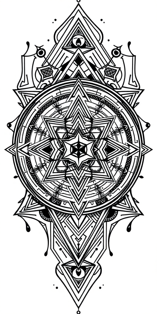 Intricate blackwork "Geometric Labyrinth" tattoo concept showcasing interconnected sacred geometry patterns forming a mesmerizing maze-like design with sharp lines and bold contrasts perfect for sleeves or back pieces