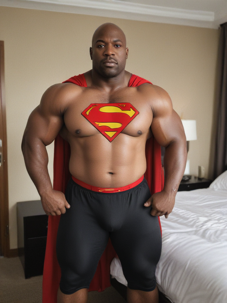 Hotel room, Bald black man, huge muscular overweight strongman black man in superman costume, angry eyes, fullbody, hairy chest, thick legs, hands on waist
