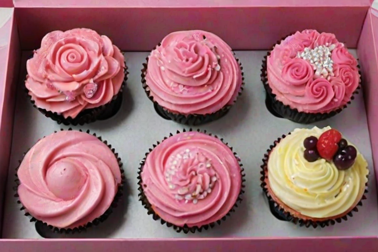 Create an image of a box containing a dozen beautifully decorated cupcakes. The cupcakes should feature various shades of pink frosting, some with intricate designs, flower decorations, and edible glitter. Include a mix of smooth swirls, piped rosettes, and decorative toppings like sprinkles and small fruit pieces. The box should be open, showcasing the delightful array of cupcakes inside.