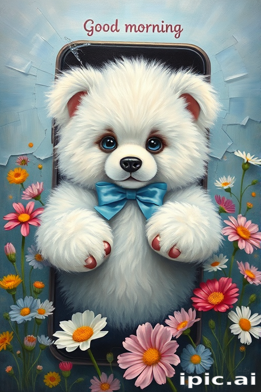 Oil painting of a gorgeous white super long hair new born teddy bear with big blue eyes, cute little blue bow, saying 'good morning' jumping out from a mobile phone monitor, shattered glass, surrounded by colorful flowers