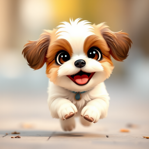 Create a cute, cartoon-style Shih Tzu puppy character with large expressive eyes, a joyful smile, and a fluffy coat, in a dynamic running pose, captured with a DSLR camera at f/1.8, ISO 100, 50mm lens, natural lighting, shallow depth of field for a soft background.