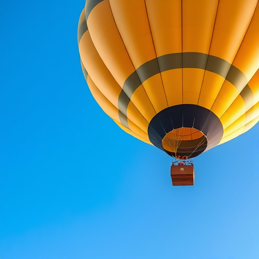 hot air balloon floating against a clear blue sky, captured with a Canon EOS 5D Mark IV, 50mm lens, f/8 aperture, 1/250 sec shutter speed, ISO 100, top-down view for enhanced detail and depth.