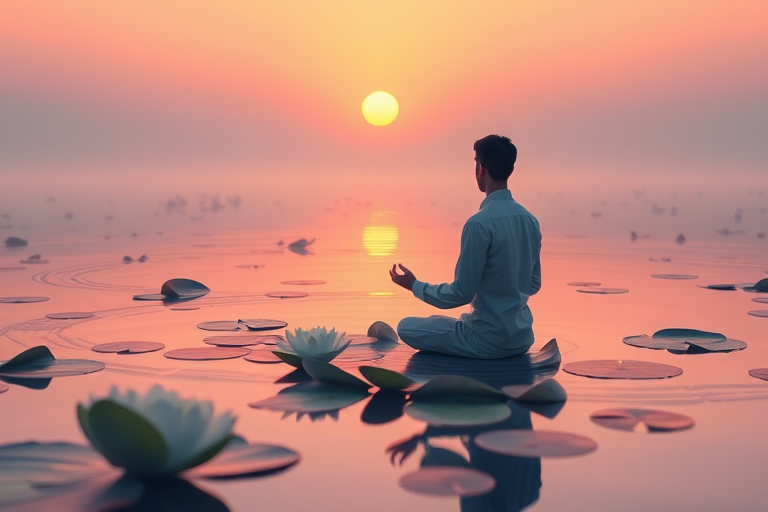 Create a serene illustration of a man meditating on a lily pad in a tranquil lake at sunset, with soft pastel colors, using a DSLR camera with a 50mm lens, f/1.8 aperture, ISO 100, and a shallow depth of field to enhance background softness and focus on the subject.
